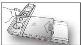 Illustration of a hand holding a device with a button and fan (no text or symbols visible)