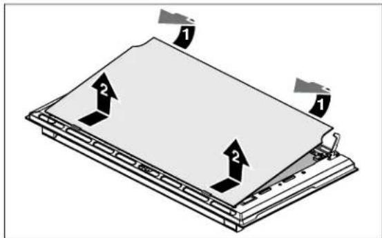 Diagram showing a device with two labeled arrows pointing to a flat panel, marked as '1' and '2'.