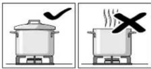 Illustration showing two cooking pots with checkmarks and a crossed-out 'X' symbol indicating heating or cooking.