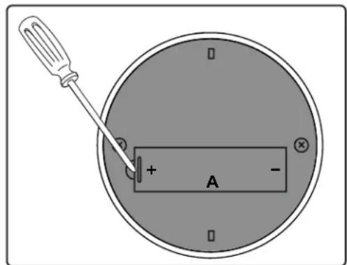 Diagram showing a screwdriver inserted into a circular component with labeled terminals and polarity indicators