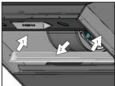 Diagram of a printer or printer mechanism with labeled parts and directional arrows indicating process flow