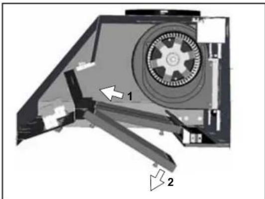 Diagram of a mechanical device with labeled parts (1 and 2), showing internal components and directional arrows (no text or symbols beyond labels)