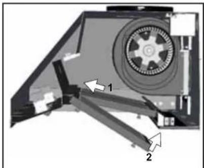 Technical diagram of a mechanical device with labeled parts (1 and 2), showing internal components and directional arrows (no text or symbols beyond labels)