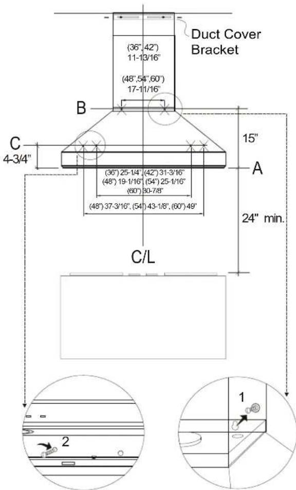 Duct Cover Bracket (36", 42") 11-13/16" (48",54",60") 17-11/16" B C 4-3/4" (36") 25-1/4" (42") 31-3/16" (48") 19-1/16" (54") 25-1/16" (60") 30-7/8" (48") 37-3/16", (54") 43-1/8", (60") 49" A 24" min. C/L 1 2 1