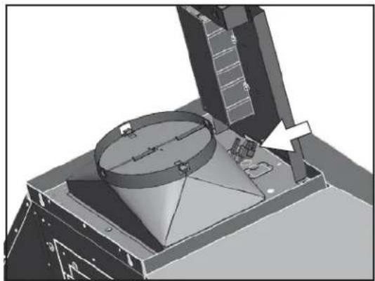 3D mechanical assembly diagram showing a cylindrical component mounted on a base with an open lid (no text or symbols visible)