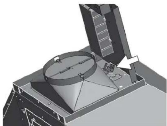 3D rendering of a mechanical device with a conical lid and mounting bracket (no visible text or symbols)