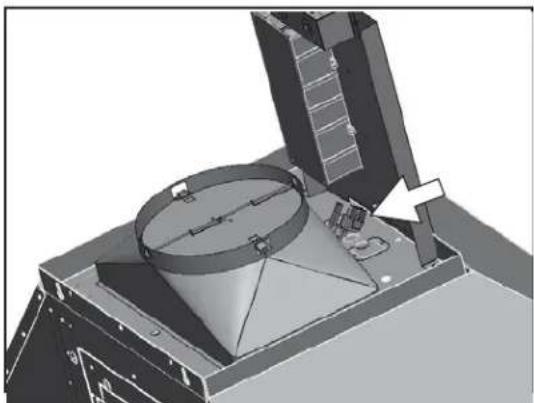 3D mechanical assembly diagram showing a cylindrical component with an open lid and internal components, no visible text or symbols.