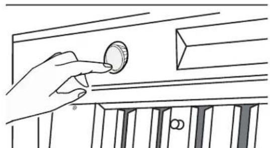 Line drawing of a hand inserting a coin into a piano keyboard (no text or symbols)