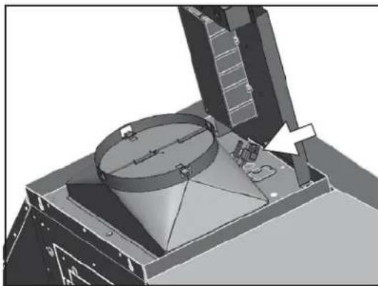 3D rendering of a mechanical device with a conical component and an open lid (no visible text or symbols)
