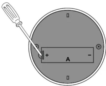 Diagram showing a screwdriver touching a circular component with labeled terminals and polarity indicators