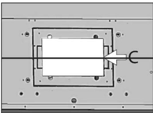 Pure mechanical assembly diagram showing a rectangular component with mounting holes and a labeled arrow (no text or symbols)