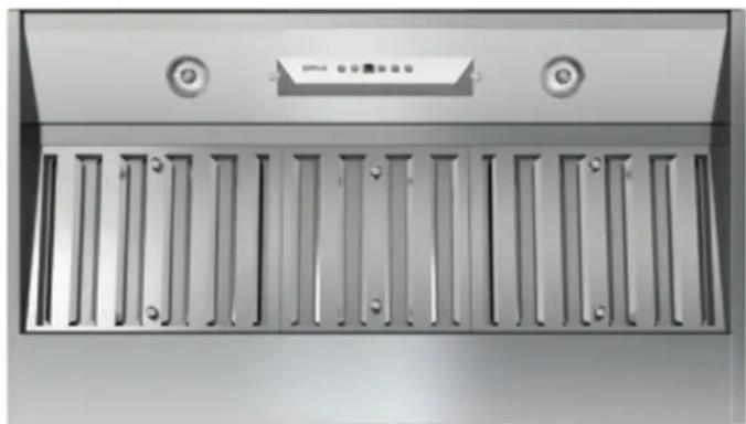 Front view of a stainless steel kitchen appliance with ventilation slots and control buttons (no visible text or symbols)