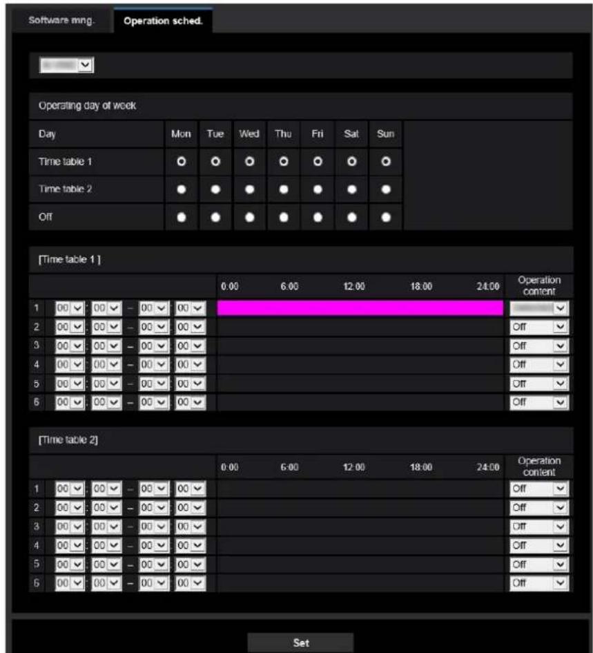 Operating day of week Day Mon Tue Wed Thu Fri Sat Sun Time table 1 ○ ○ ○ ○ ○ ○ Time table 2 ● ● ● ● ● ● Off ● ● ● ● ● ● [Time table 1] 0.00 6.00 12.00 18.00 24.00 Operation content 1 00 00 - 00 00 - 2 00 00 - 00 00 Off 3 00 00 - 00 00 Off 4 00 00 - 00 00 Off 5 00 00 - 00 00 Off 6 00 00 - 00 00 Off […