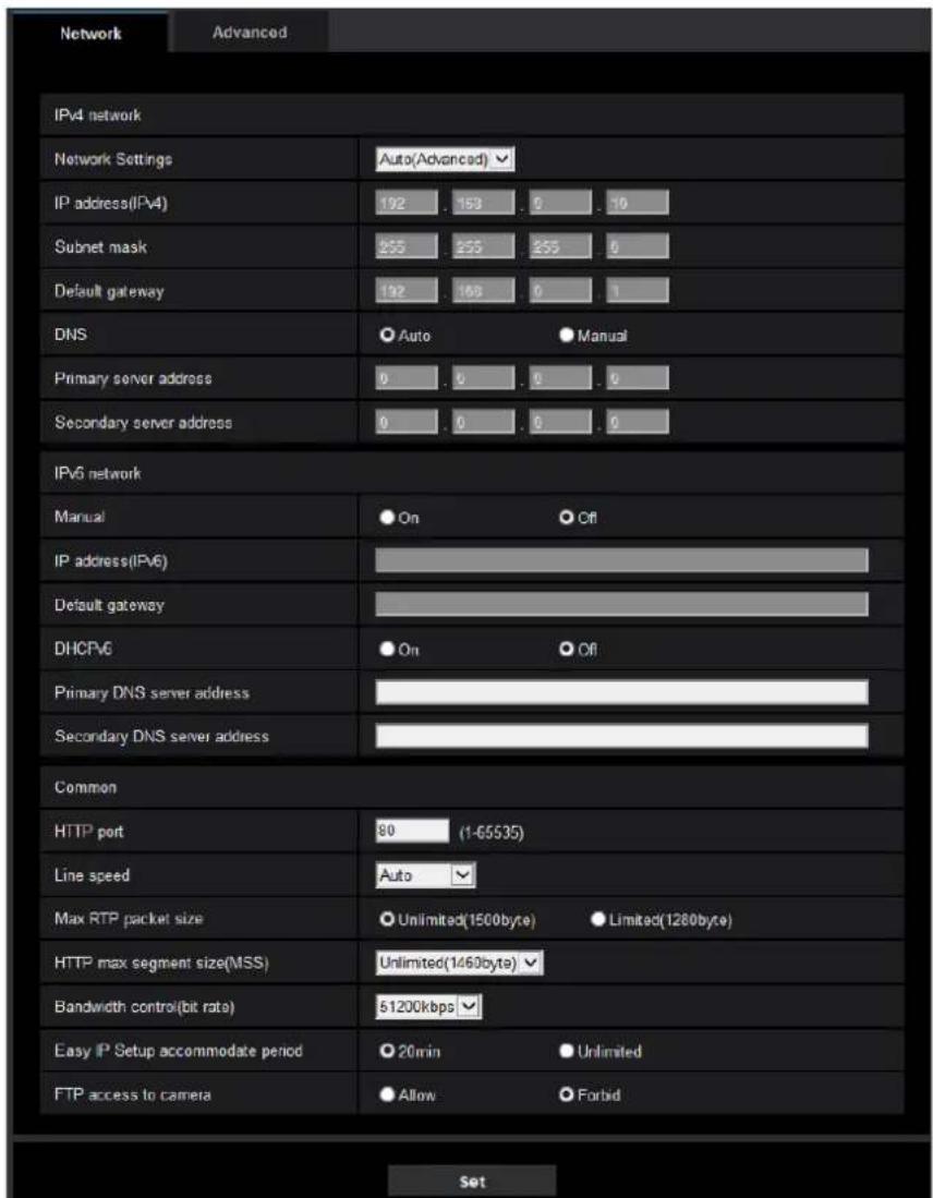 Network Advanced IPv4 network Network Settings Auto(Advanced) IP address(IPv4) 192 153 0 10 Subnet mask 255 255 255 0 Default gateway 192 163 0 1 DNS Auto Manual Primary server address 0 0 0 0 Secondary server address 0 0 0 0 IPv6 network Manual On Off IP address(IPv6) Default gateway DHCPV6 On Off…