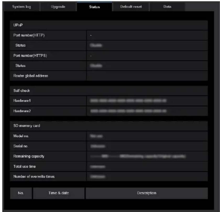 System log Upgrade Status Default reset Data UPnP Port number(HTTP) - Status Port number(HTTPS) - Status Router global address Self check Hardware1 Hardware2 SD memory card Model no. Serial no Remaining capacity Total use time Number of overwrite times No Time & date Description