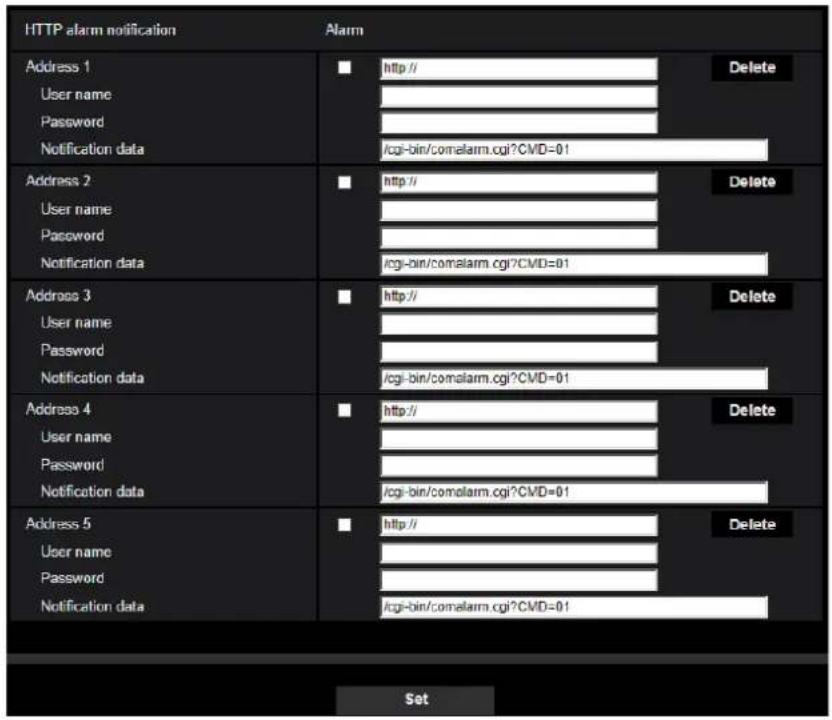 HTTP alarm notification Alarm Address 1 User name Password Notification data http:// Delete /cgi-bin/comalarm.cgi?CMD=01 Address 2 User name Password Notification data http:// Delete /cgi-bin/comalarm.cgi?CMD=01 Address 3 User name Password Notification data http:// Delete /cgi-bin/comalarm.cgi?CMD=…