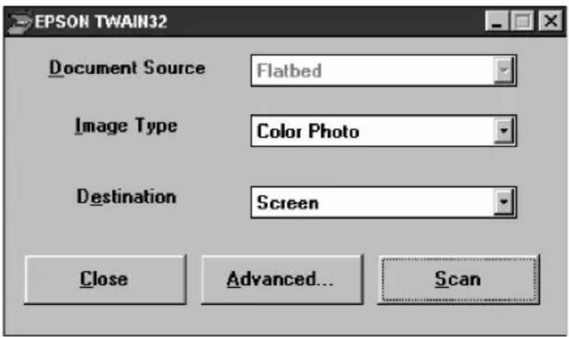 EPSON TWAIN32 Document Source Flatbed Image Type Color Photo Destination Screen Close Advanced... Scan