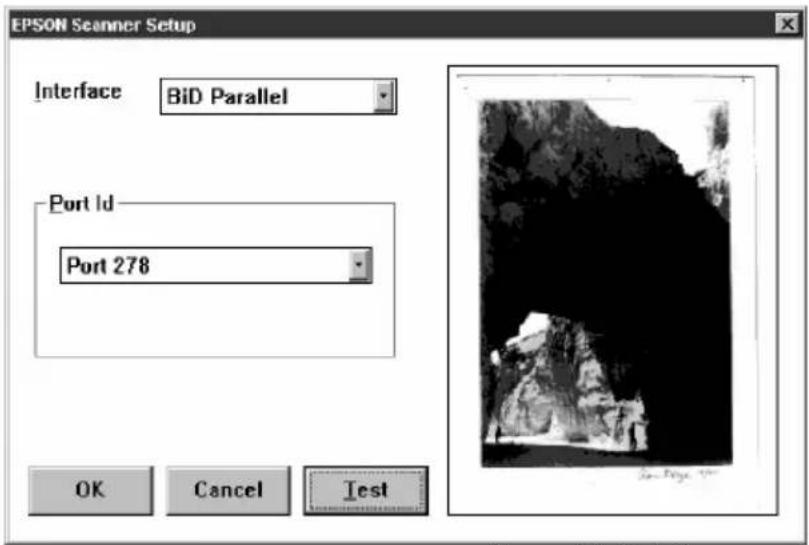 EPSON Scanner Setup Interface BiD Parallel Port Id Port 278 OK Cancel Test