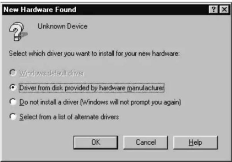 New Hardware Found Unknown Device Select which driver you want to install for your new hardware: ○ Windows default driver ● Driver from disk provided by hardware manufacturer ○ Do not install a driver (Windows will not prompt you again) ○ Select from a list of alternate drivers OK Cancel Help