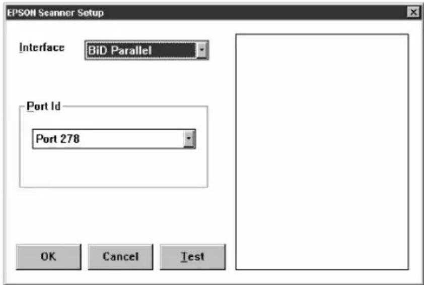EPSON Scanner Setup Interface BiD Parallel Port Id Port 278 OK Cancel Test