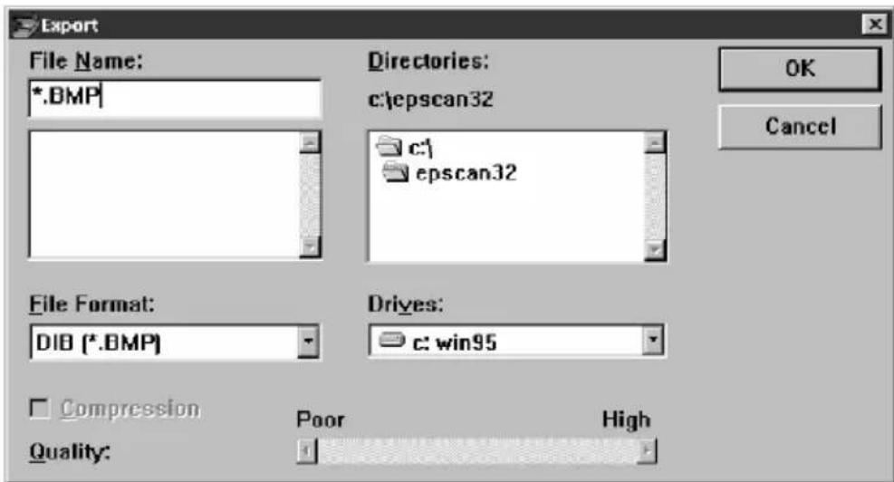 Export File Name: *.BMP Directories: c:\epscan32 c:\epscan32 File Format: DIB (*.BMP) Drives: c: win95 Compression Poor High Quality: