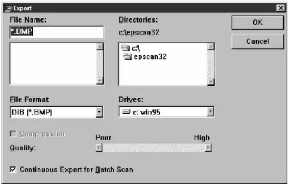 Export File Name: *.BMP Directories: c:\epscan32 c1 epscan32 File Format: DIB (*.BMP) Drives: c: win95 Compression Poor High Quality: Continuous Export for Batch Scan