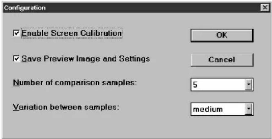 Configuration Enable Screen Calibration OK Save Preview Image and Settings Cancel Number of comparison samples: 5 Variation between samples: medium