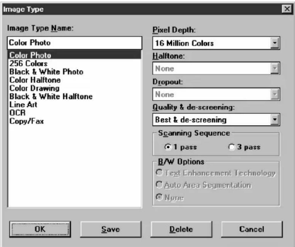 Image Type Image Type Name: Color Photo Color Photo 256 Colors Black & White Photo Color Halftone Color Drawing Black & White Halftone Line Art OCR Copy/Fax Pixel Depth: 16 Million Colors Halftone: None Dropout: None Quality & de-screening: Best & de-screening Scanning Sequence ● 1 pass ○ 3 pass B/W…