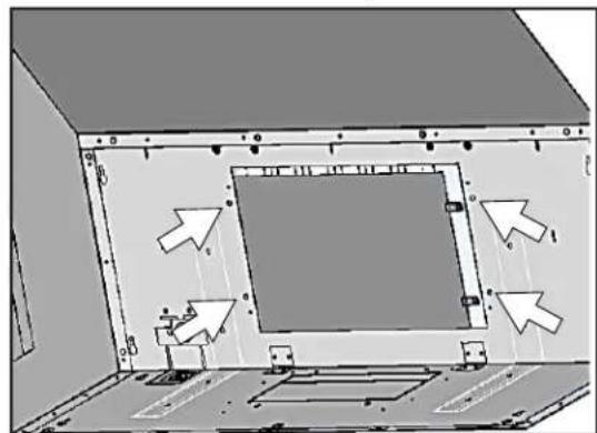 Interior view of a room with a large screen and directional arrows indicating movement or flow (no text or symbols present)
