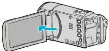 Diagram of a digital camera with an open screen and blue arrow indicating rotation (no text or symbols)