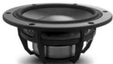 Black speaker with visible sound waves and mounting holes (no text or symbols)