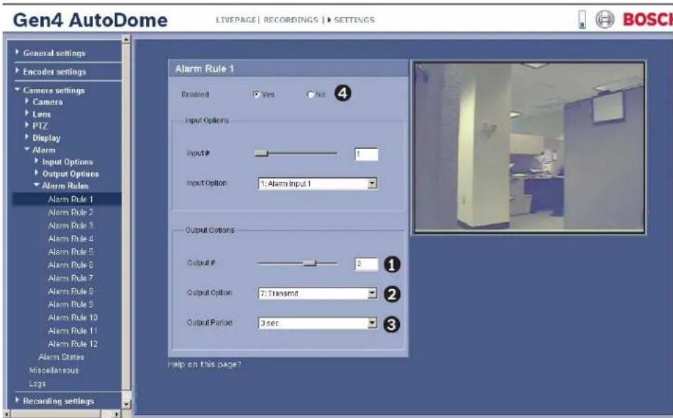 Gen4 AutoDome LIVEPAGE | RECORDINGS | SETTINGS General settings Encoder settings Camera settings Camera Lens PTZ Display Alarm Input Options Output Options Alarm Rules Alarm Rule 1 Alarm Rule 2 Alarm Rule 3 Alarm Rule 4 Alarm Rule 5 Alarm Rule 6 Alarm Rule 7 Alarm Rule 8 Alarm Rule 9 Alarm Rule 10 A…