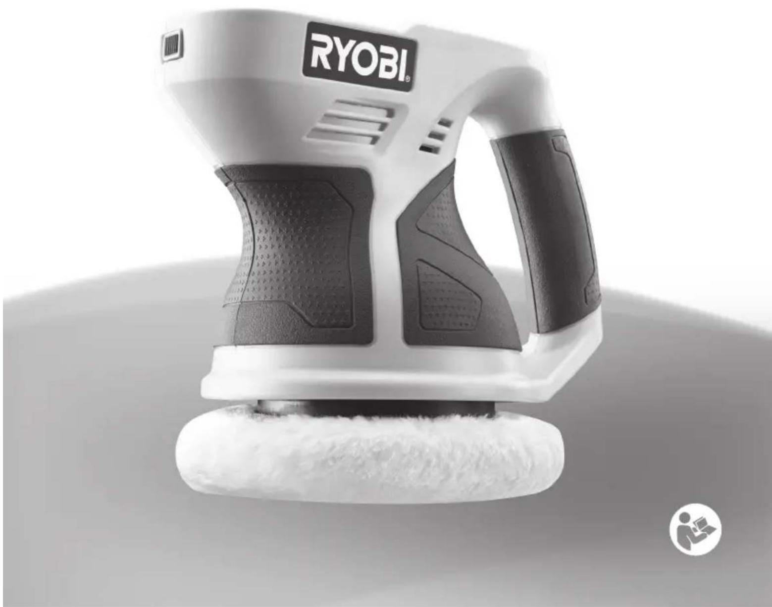 RyoBI-branded power tool with white base and black textured grip, resting on a white circular base (no text or symbols visible)