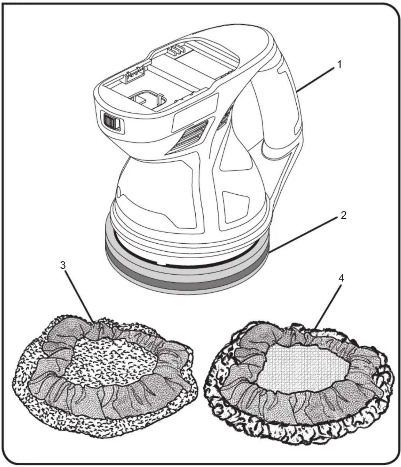 Technical diagram of a device with labeled components and cross-sectional views showing internal structure and textured surfaces.