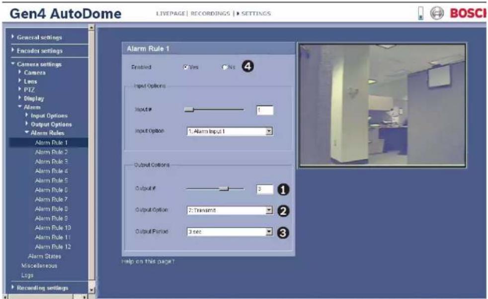 Gen4 AutoDome LIVEPAGE | RECORDINGS | SETTINGS General settings Encoder settings Camera settings Camera Lens PTZ Display Alarm Input Options Output Options Alarm Rules Alarm Rule 1 Alarm Rule 2 Alarm Rule 3 Alarm Rule 4 Alarm Rule 5 Alarm Rule 6 Alarm Rule 7 Alarm Rule 8 Alarm Rule 9 Alarm Rule 10 A…