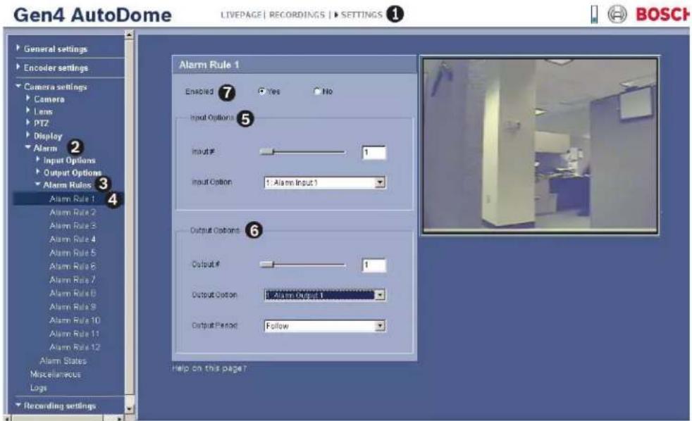 Gen4 AutoDome LIVEPAGE | RECORDINGS | > SETTINGS ① General settings Encoder settings Camera settings Camera Lens PTZ Display Alarm Input Options Output Options Alarm Rules Alarm Rule 1 Alarm Rule 2 Alarm Rule 3 Alarm Rule 4 Alarm Rule 5 Alarm Rule 6 Alarm Rule 7 Alarm Rule 8 Alarm Rule 9 Alarm Rule…