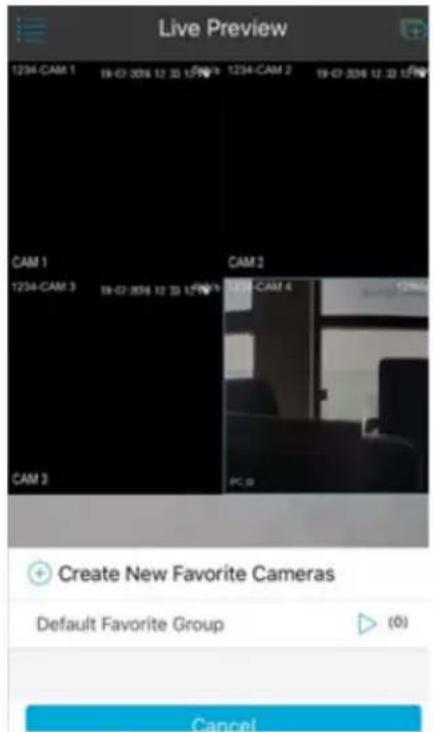 Live Preview 1234-CAM 1 19-07:2016 12:23 1:50 1234-CAM 2 19-07:2016 12:23 1:50 CAM 1 CAM 2 1234-CAM 3 19-07:2016 12:23 1:50 CAM 3 PC 8 + Create New Favorite Cameras Default Favorite Group ▶ (0) Cancel