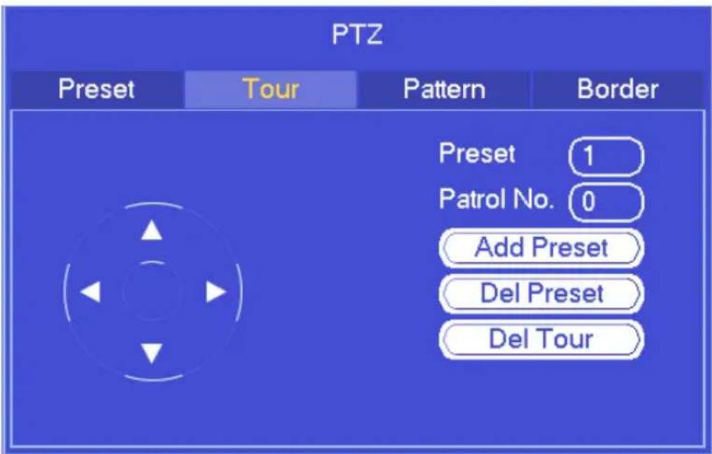 PTZ Preset Tour Pattern Border Preset 1 Patrol No. 0 Add Preset Del Preset Del Tour