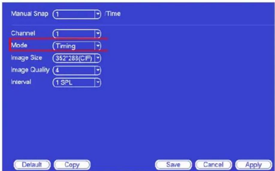 Manual Snap 1 /Time Channel 1 Mode Timing Image Size 352°283(CIF) Image Quality 4 Interval 1 SPL Default Copy Save Cancel Apply