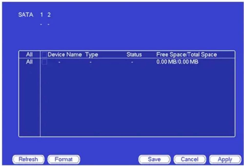 SATA 1 2 All Device Name Type Status Free Space/Total Space All - - - 0.00 MB/0.00 MB Refresh Format Save Cancel Apply