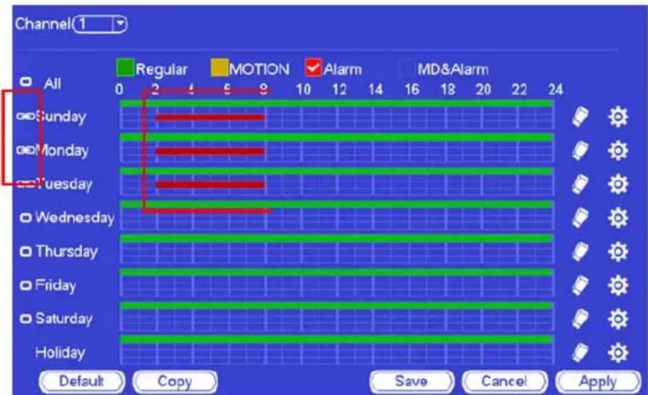 Channel(1) All 0 2 4 6 8 10 12 14 16 18 20 Regular MOTION Alarm MD&Alarm Sunday Monday Tuesday Wednesday Thursday Friday Saturday Holiday Default Copy Save Cancel Apply