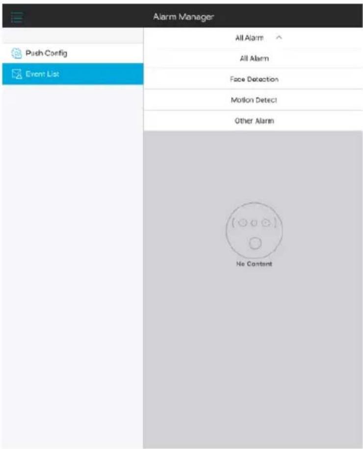 Alarm Manager All Alarm Push Config All Alarm Event List Face Detection Motion Detect Other Alarm No Content