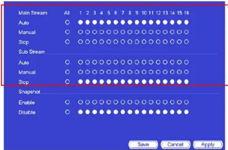 Main Stream All 1 2 3 4 5 6 7 8 9 10 11 12 13 14 15 16 Auto ○ Manual ○ Stop ○ Sub Stream Auto ○ Manual ○ Stop ○ Snapshot Enable ○ Disable ○ Save Cancel Apply