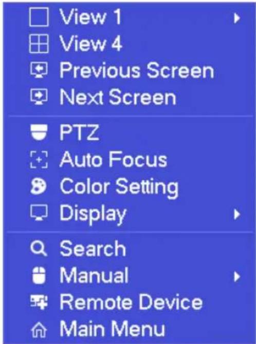View 1 View 4 Previous Screen Next Screen PTZ Auto Focus Color Setting Display Search Manual Remote Device Main Menu