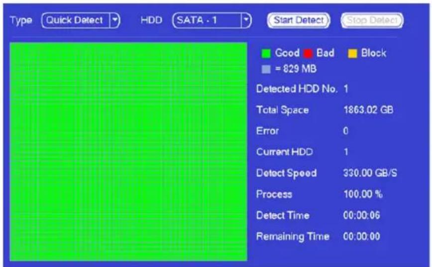 Type Quick Detect HDD SATA - 1 Start Detect Stop Detected Good Bad Block = 829 MB Detected HDD No. 1 Total Space 1863.02 GB Error 0 Current HDD 1 Detect Speed 330.00 GB/S Process 100.00 % Detect Time 00:00:06 Remaining Time 00:00:00