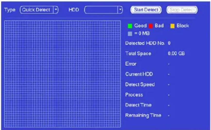 Type Quick Detect HDD Start Detect Stop Detect Good Bad Block = 0 MB Detected HDD No. 0 Total Space 0.00 GB Error - Current HDD - Detect Speed - Process - Detect Time - Remaining Time -
