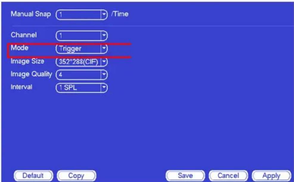 Manual Snap 1 /Time Channel 1 Mode (Trigger) Image Size (352*288(CIF)) Image Quality 4 Interval 1 SPL Default Copy Save Cancel Apply