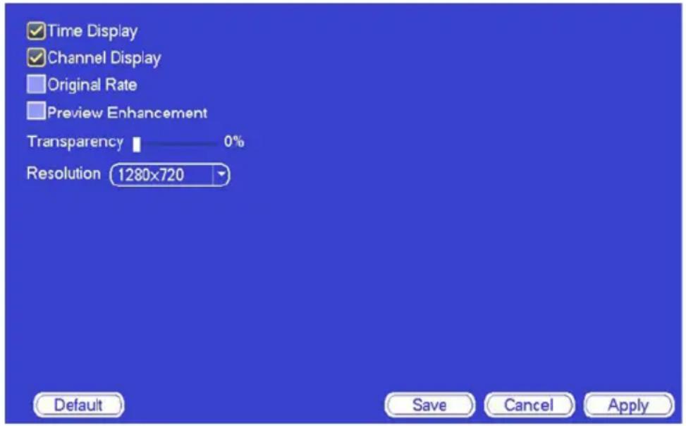 Time Display Channel Display Original Rate Preview Enhancement Transparency 0% Resolution 1280×720 Default Save Cancel Apply