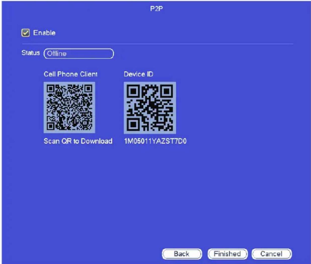 P2P Enable Status Offline Cell Phone Client Device ID Scan QR to Download 1M05011YAZST7D0 Back Finished Cancel