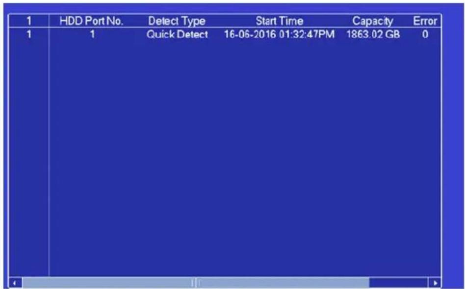 1 HDD Port No. Detect Type Start Time Capacity Error 1 1 Quick Detect 16-06-2016 01:32:47PM 1863.02 GB 0